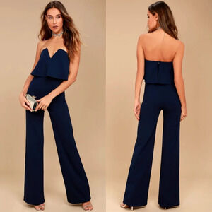 Lulus Power of Love Navy Blue Strapless Jumpsuit S Wedding Party Guest Evening